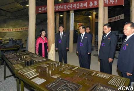 Senior DPRK officials tour Kunja-ri.  Seen in attendance are SPA Presidium President Kim Yong Nam [a], DPRK Premier Pak Pong Ju [b] and Chief Secretary of the South P'yo'ngan WPK Committee Pak T'ae Song [c] (Photo: KCNA).