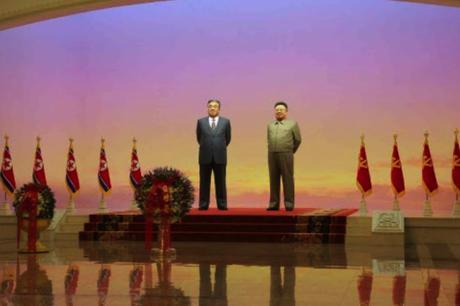 Kim Jong Un Visits Ku’msusan Floral baskets from Kim Jong Un and the Korean People's Army in front of the KIS and KJI statues at Ku'msusan to mark the 104th birth anniversary of late DPRK president and founder Kim Il-so'ng (Photo: Rodong Sinmun).