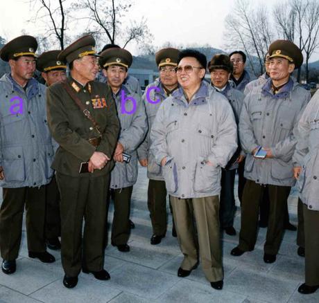 Ri Myong Su [a], Hyon Chol Hae [b] and Kim Yong Chun [c] with late DPRK leader Kim Jong Il on a field inspection in December 1996 (Photo: NK Leadership Watch file photo).