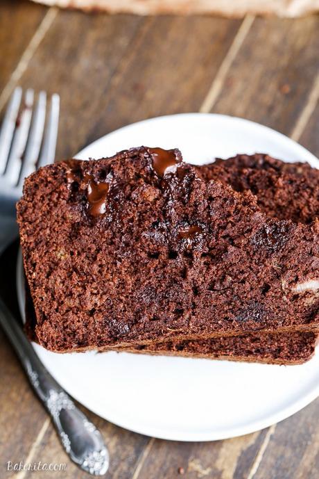 This Paleo Double Chocolate Banana Bread is perfectly moist and gooey with an incredibly deep chocolate flavor, and you'd never guess it's sweetened entirely by ripe bananas.