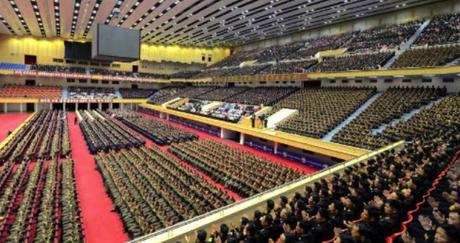 View of the venue of a central report meeting commemorating Kim Il Sung's 104th birth anniversary (Photo: Rodong Sinmun).