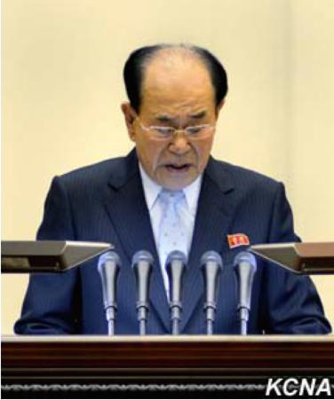Supreme People's Assembly Presidium President and nominal DPRK head of state Kim Yo'ng-nam reads a report at the central report meeting marking Kim Il-so'ng's birth anniversary held in Pyongyang on April 14, 2016 (Photo: KCNA).