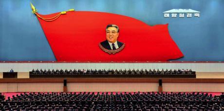 View of the platform at Pyongyang Indoor Stadium on April 14, 2016 for a central report meeting commemorating the 104th birth anniversary of late DPRK President and founder Kim Il Sung (Photo: Rodong Sinmun).