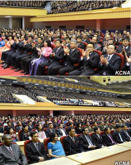 View of participants at a central report meeting at Pyongyang Indoor Stadium on April 14, 2016 (Photos: KCNA).