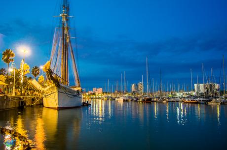 Barcelona marina light at night