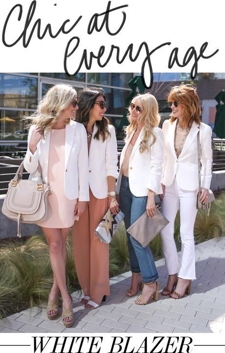 style at any age, jcrew white blazer, one blazer four ways, chloe faye marcie, miu miu star clutch, claire v clutch