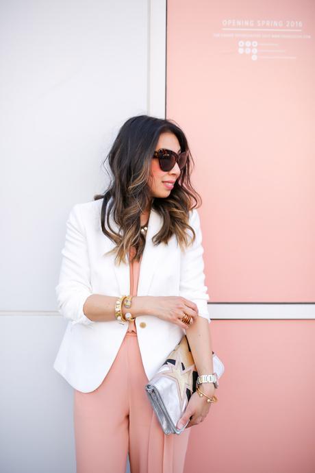 jcrew white blazer, pink jumsuit, miu miu star clutch, HOH chelsea sunglasses, style at any age