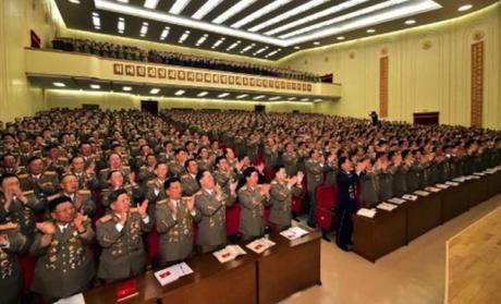 Conferences Held to Elect Delegates to 7th Party Congress and Provincial Party Meetings Delegates to the KPA's Party Conference applaud following Kim Jong Un's nomination as one of the KPA's delegates to the 7th Party Congress (Photo: Rodong Sinmun).