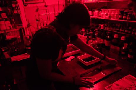 One of the trickier parts, getting the ready-to-shoot glass plate into the wooden holder. 