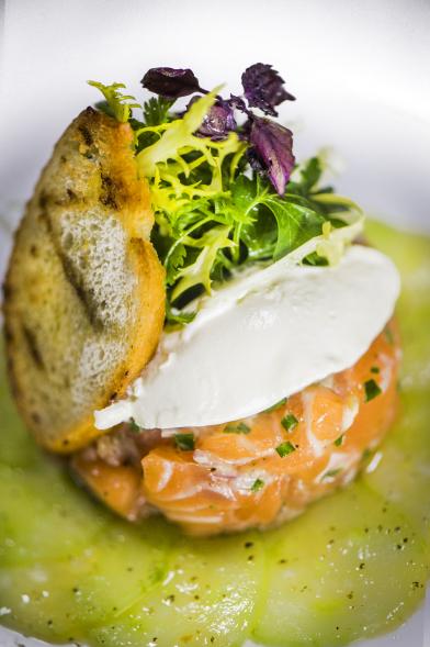 Salmon tartare, pickled cucumber, crème fraiche