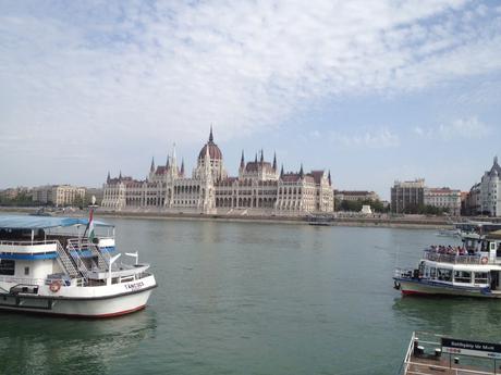 The Hungarian Parliament building seen from the other side of the Danube