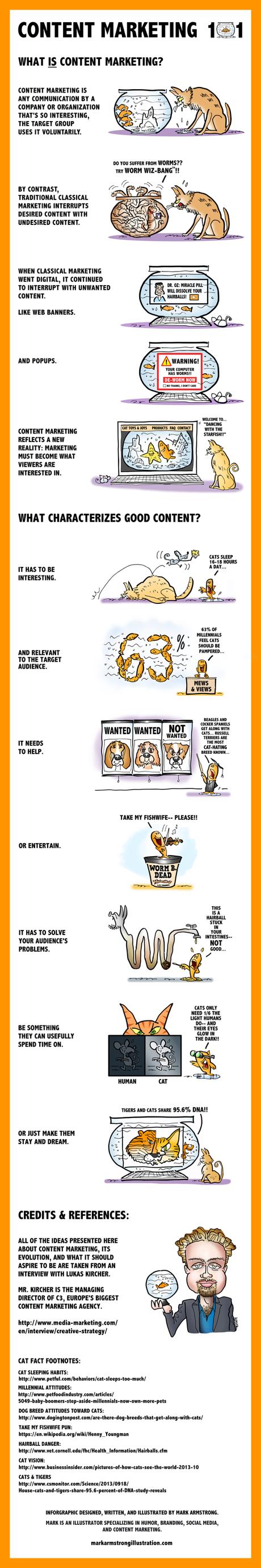 infographic which explains content marketing how it differs from traditional marketing characteristics of good content cat facts based on interview with Lukas Kircher managing director C3