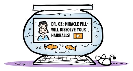 Fishbowl computer with Dr. Oz banner ad for miracle pill to dissolve cat hairballs