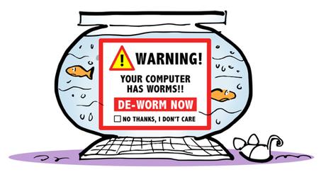 Fishbowl computer with popup ad saying your computer has worms click button to de-worm now or no thanks I don't care
