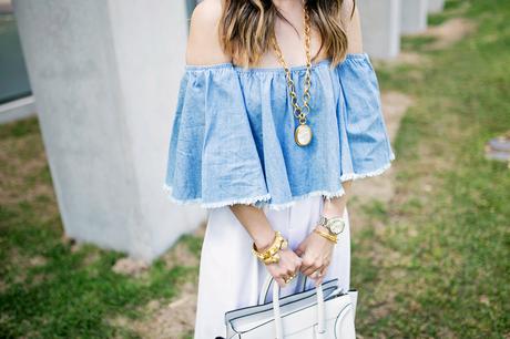 off the shoulder denim top, alice and olivia wide leg pants, celine luggage tote, julie vos mother of pearl pendant, baroque cuff, siena bangle, how to wear a crop top in your 30s