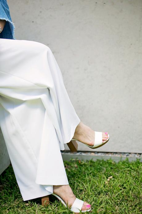 off the shoulder denim top, alice and olivia wide leg pants, celine luggage tote, prada white stacked heel sandal, how to wear a crop top in your 30s