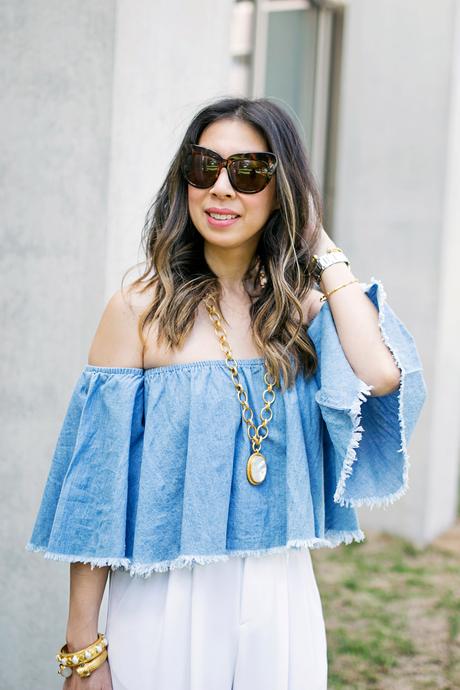 off the shoulder denim top, alice and olivia wide leg pants, celine luggage tote, julie vos mother of pearl pendant, baroque cuff, siena bangle, how to wear a crop top in your 30s