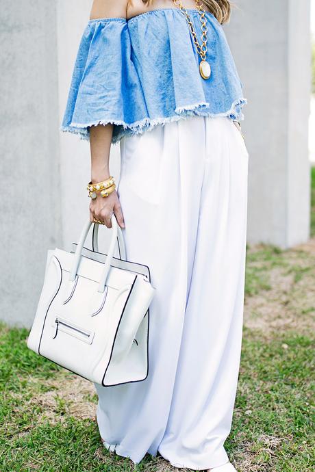 off the shoulder denim top, alice and olivia wide leg pants, celine luggage tote, julie vos mother of pearl pendant, baroque cuff, siena bangle, how to wear a crop top in your 30s