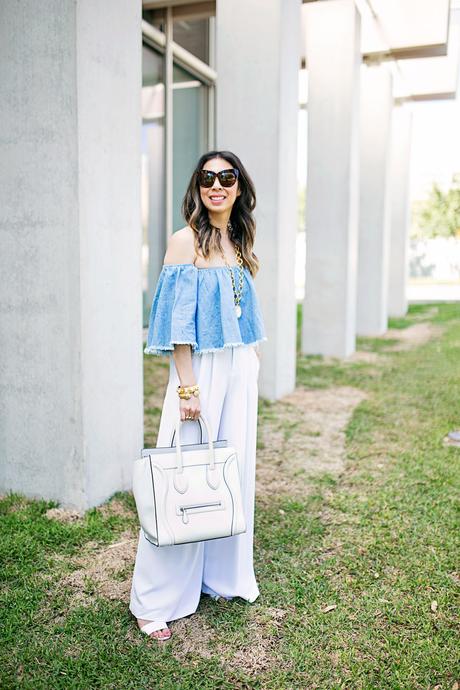 off the shoulder denim top, alice and olivia wide leg pants, celine luggage tote, julie vos mother of pearl pendant, baroque cuff, siena bangle, how to wear a crop top in your 30s