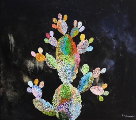 Colorful Painting of Cactus On Black Background