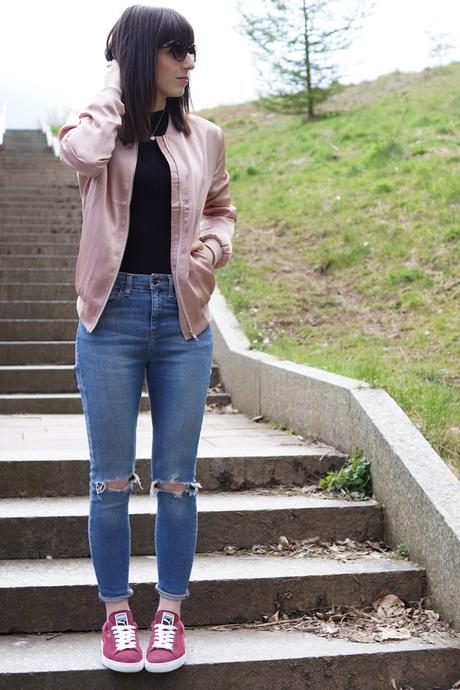 Hello Freckles Pink Satin Bomber Bodysuit Ripped Jeans