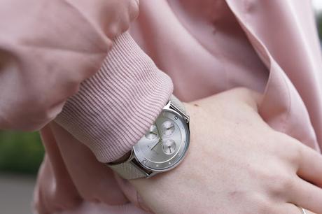 Hello Freckles Pink Satin Bomber Bodysuit Ripped Jeans Skagen Silver Chronograph Watch