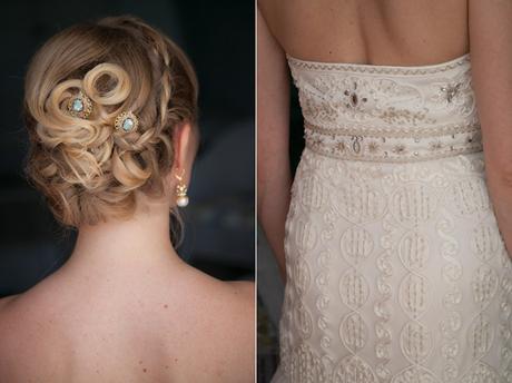 Braided bridal up do with vintage hair clips| Bride in a strapless, ivory, frilled wedding dress by Sue Wong| Dasha and Steve's Real Wedding In Greece | Marryme in Greece | Confetti.co.uk