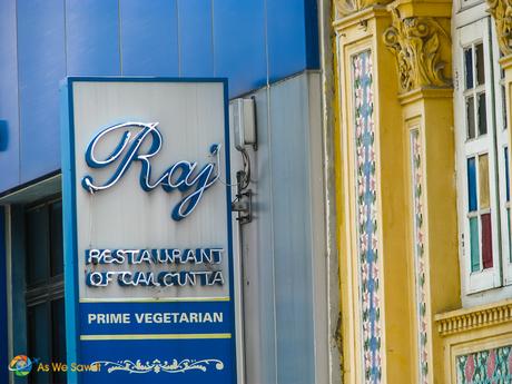 Sign for Raj vegetarian restaurant, Singapore