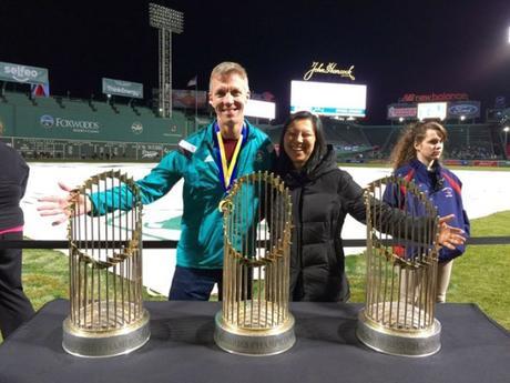 Mike Sohaskey & Katie Ho with Red Sox World Series trophies