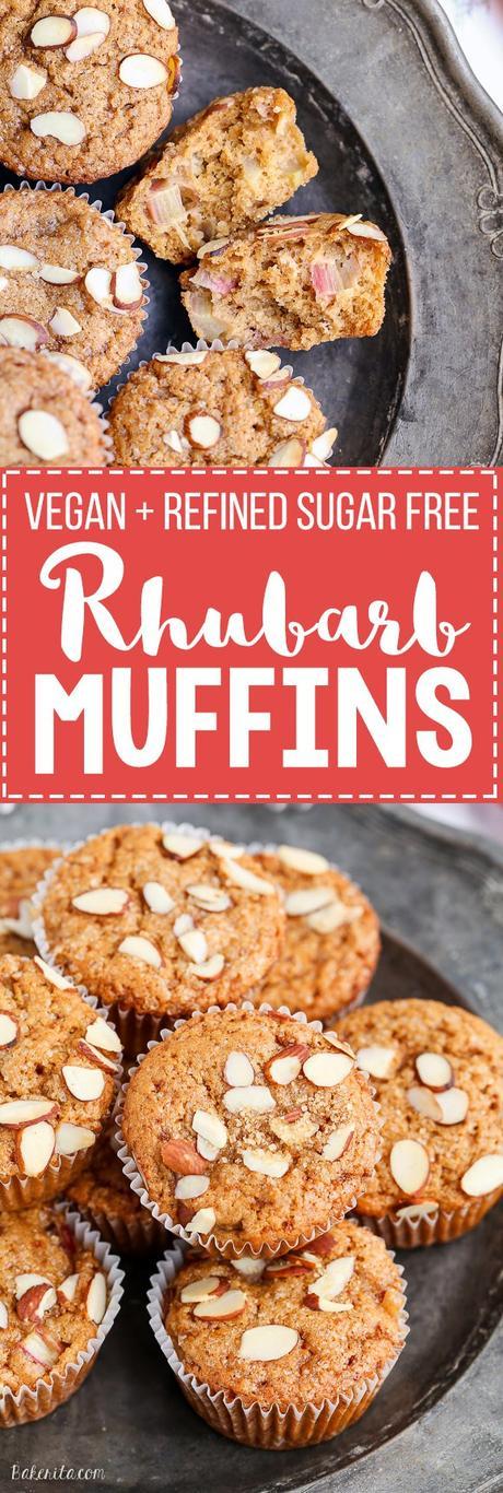 Take advantage of rhubarb's limited season with these Vegan Rhubarb Muffins! These fluffy muffins are refined sugar free and topped with crunchy sliced almonds.