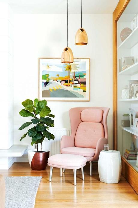 pink armchair& foot stool plant & pendant lights: 