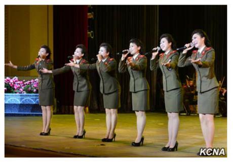 Singers of the KPA Song and Dance Ensemble perform at a concert at the Ponghwa Art Theater in Pyongyang on April 25, 2016 as part of celebrations of the KPA's official anniversary (Photo: KCNA).