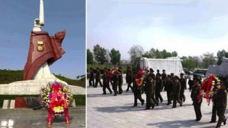 A floral wreath from Kim Jong Un and the presentation of floral wreaths by DPRK officials at the Soul of Heroes memorial at the Fatherland Liberation Cemetery in Pyongyang on April 25, 2016 (Photos: Rodong Sinmun/KCNA).