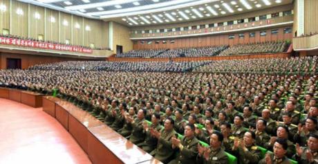 View of participants at a central report meeting marking the official observed anniversary of the Korean People's Army on April 24, 2016 at the People's Palace of Culture in central Pyongyang (Photo: Rodong Sinmun).