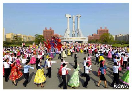 Dance parties of DPRK students took place around the country on April 24 and April 25 to mark the official anniversary of the KPA. Here DPRK students dance in front of the Party Founding Monument in east Pyongyang (Photo: Rodong Sinmun).