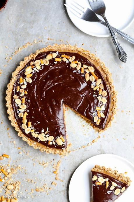 This Chocolate Peanut Butter Tart has a crunchy pretzel crust and smooth peanut butter caramel filling, all topped with luscious chocolate ganache. This recipe is gluten-free and vegan.