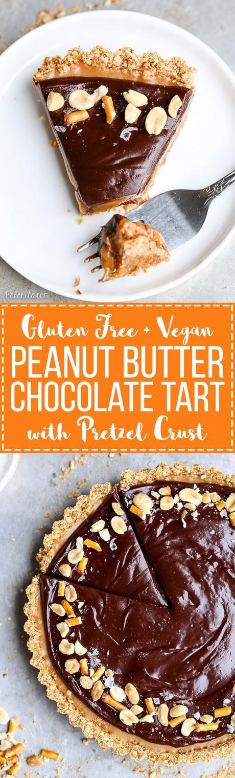 This Chocolate Peanut Butter Tart has a crunchy pretzel crust and smooth peanut butter caramel filling, all topped with luscious chocolate ganache. This recipe is gluten-free and vegan.