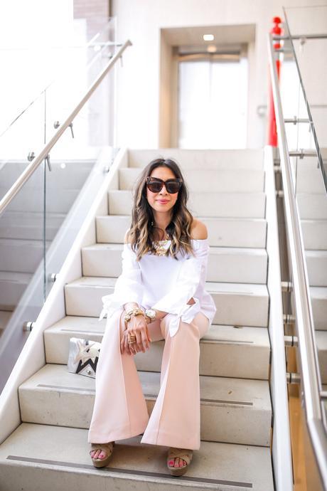 free people off the shoulder top, ellery pink wide leg pants, miu miu star clutch