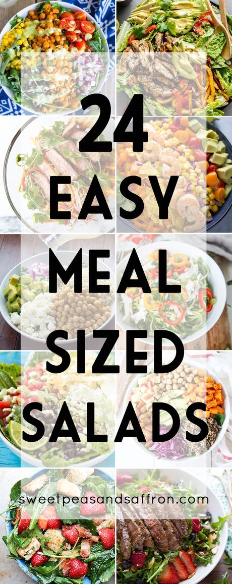 24 Easy Meal Sized Salad Recipes, including vegetarian, chicken, beef and seafood salad recipes