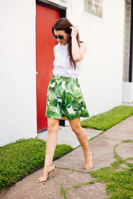 Amy Havins of Dallas Wardrobe wears a palm print party skirt.