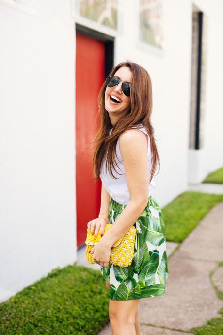 Amy Havins of Dallas Wardrobe wears a palm print party skirt.