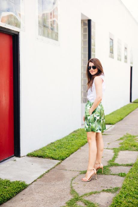 Amy Havins of Dallas Wardrobe wears a palm print party skirt.