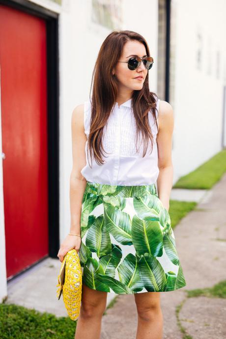 Amy Havins of Dallas Wardrobe wears a palm print party skirt.