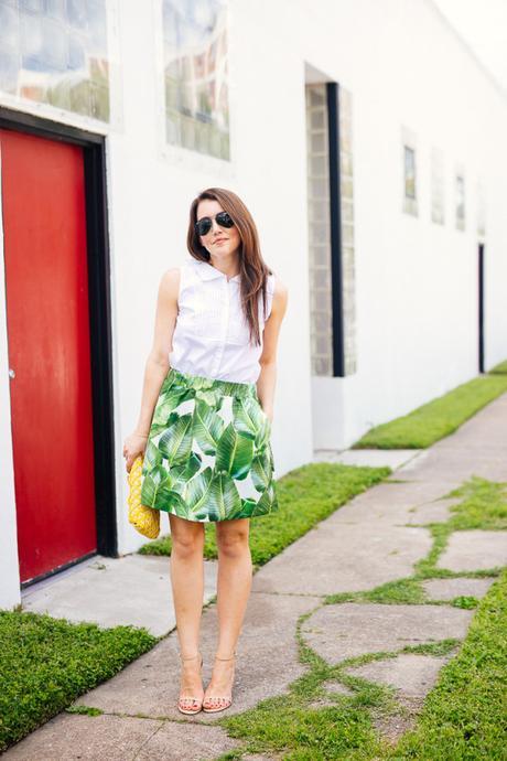 Amy Havins of Dallas Wardrobe wears a palm print party skirt.