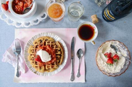A Spring Brunch featuring Rhubarb Simple Syrup, Rhubarb Compote & Cornmeal Basil Waffles // www.WithTheGrains.com