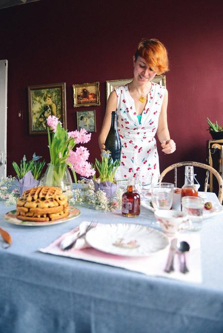 A Spring Brunch featuring Rhubarb Simple Syrup, Rhubarb Compote & Cornmeal Basil Waffles // www.WithTheGrains.com