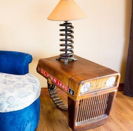 Tractor Transformed Into a Bedside Table and Lamp