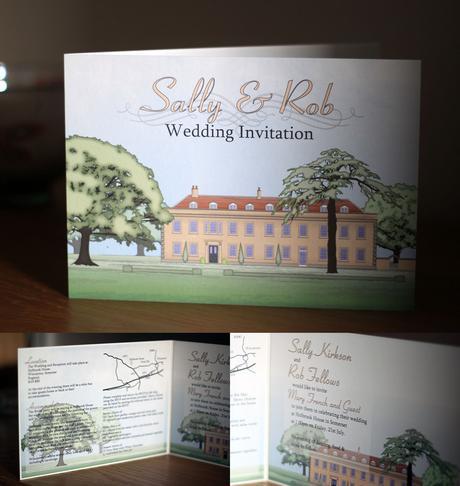 Large bifold Holbrook House wedding invitation cover and inside