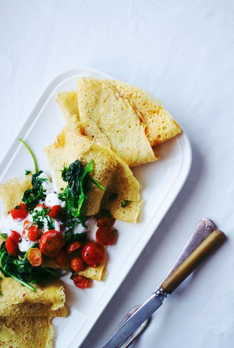 Chickpea Crepes with Sauteed Cherry Tomatoes and Spinach /// (Vegan) (Gluten-Free)