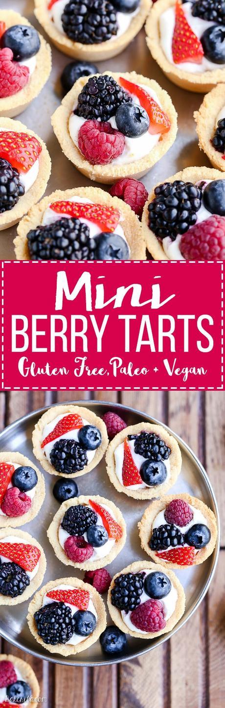 These Mini Berry Tarts have a shortbread crust with coconut cream filling and fresh berries! These sweet dessert bites are Paleo, gluten-free, and vegan.